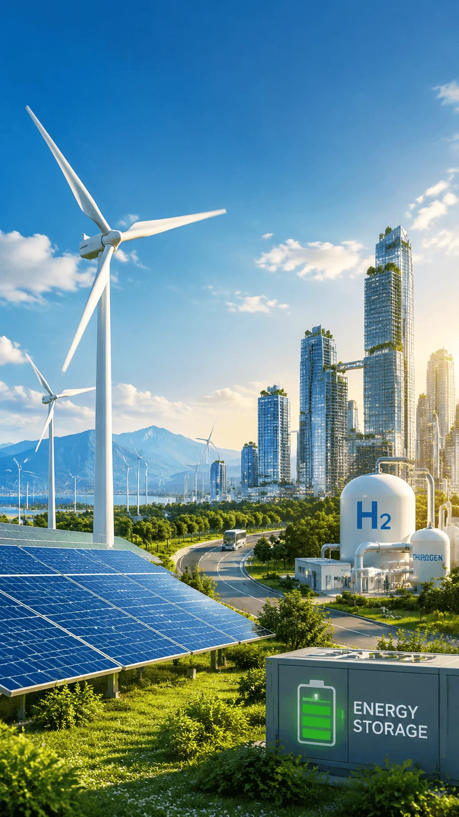 Renewable energy poster showing a futuristic clean energy landscape with solar panels, wind turbines, hydrogen power systems, energy storage technology, green buildings, and sustainable city infrastructure powered by renewable resources