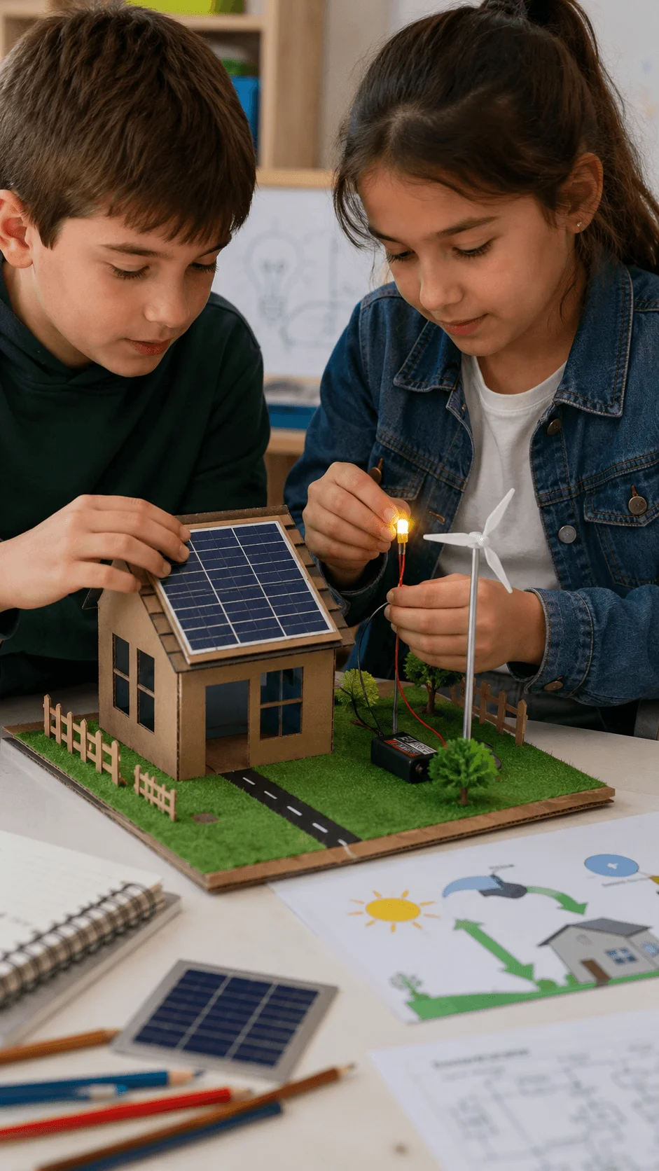 Two children working on a miniature solar powered house and wind turbine for a renewable energy project for kids