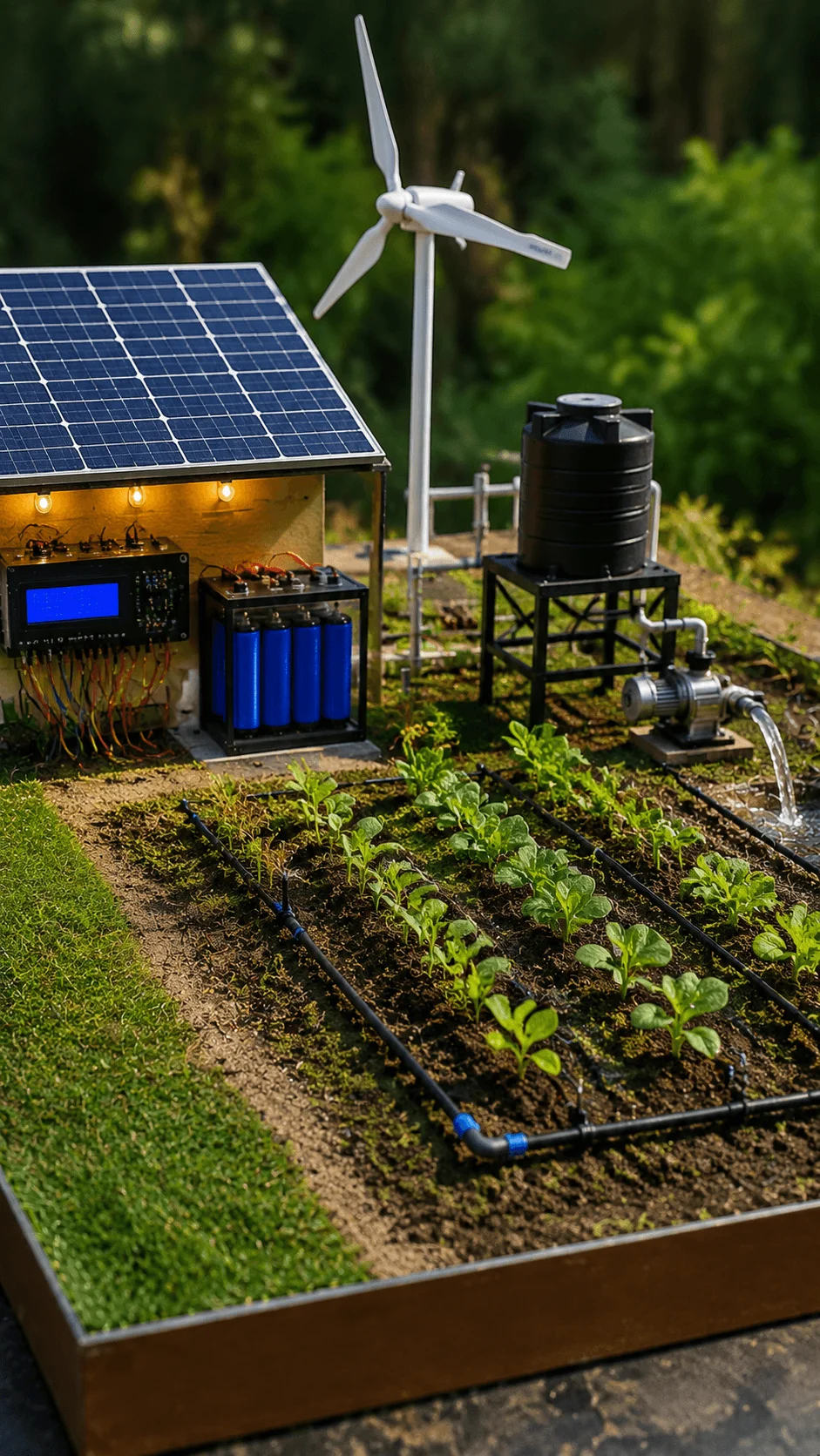 Renewable energy smart farm model with solar panels wind turbine battery storage water pump and sustainable crop irrigation system for modern agriculture project