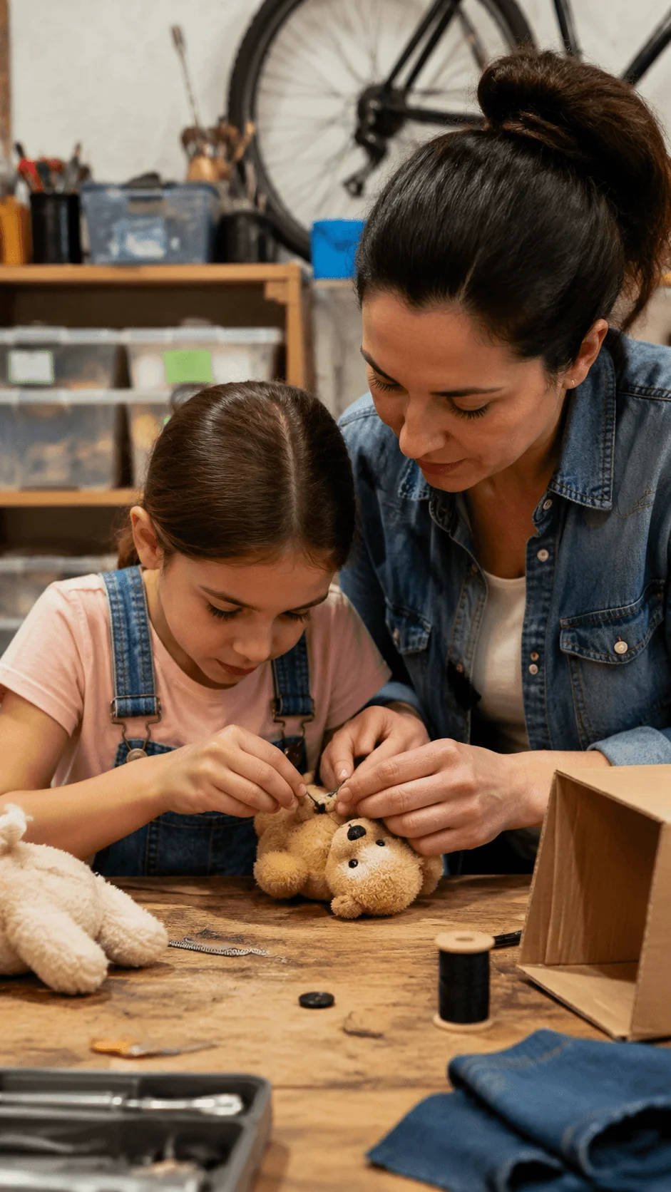 Child learning repair skills by fixing a toy with adult guidance in a workshop activity promoting reuse and circular economy concepts