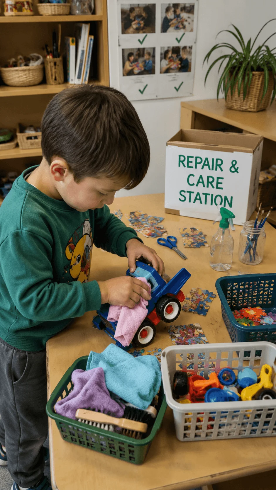 Child cleaning and caring for reusable toys at a repair and care station in a childcare classroom to encourage sustainability responsibility and resource conservation