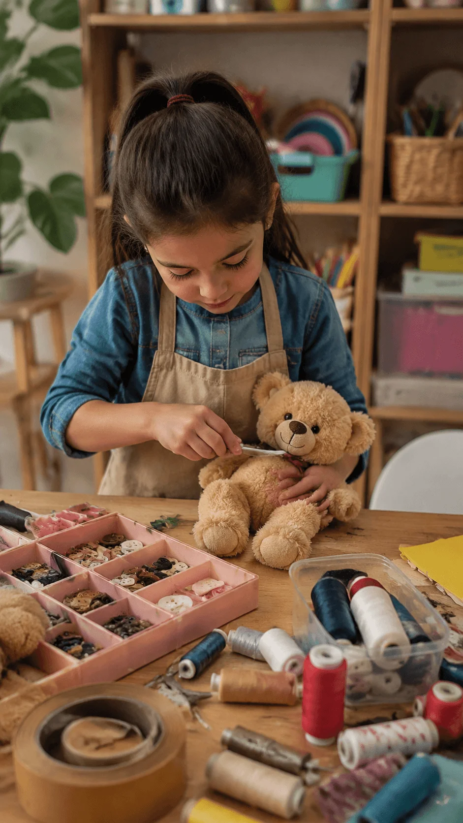 Child learning repair and circular economy concepts by fixing a teddy bear with sewing tools and reusable materials during a creative sustainability activity