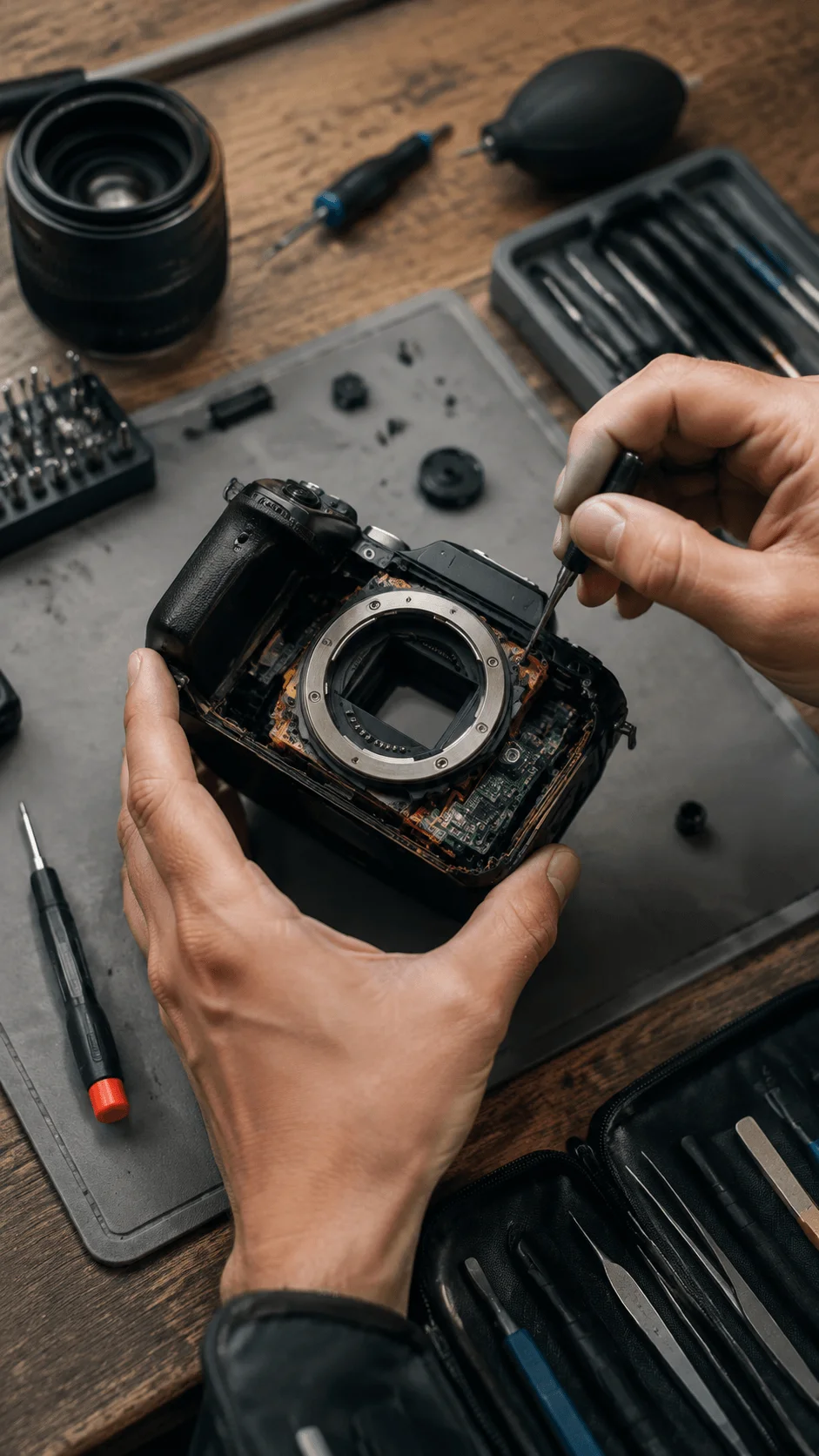 Repairable photography equipment showing a technician repairing a disassembled camera with tools and spare parts on a professional workspace table