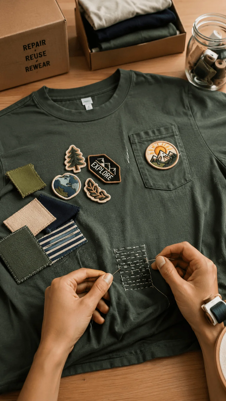 Repairable and customisable T shirt design with hand stitched fabric patches embroidered badges and visible mending