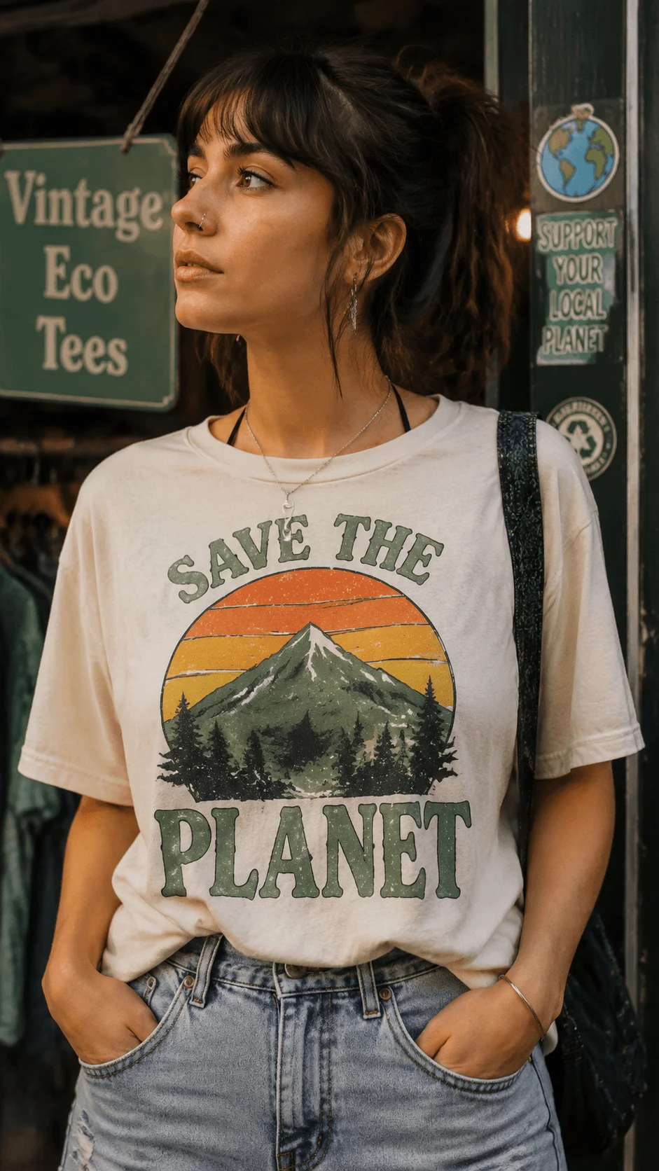 Retro eco friendly graphic t shirt designs featuring a vintage style sustainable shirt with mountain artwork, nature inspired graphics, environmental messaging, and a classic outdoor aesthetic worn in an eco conscious fashion setting.