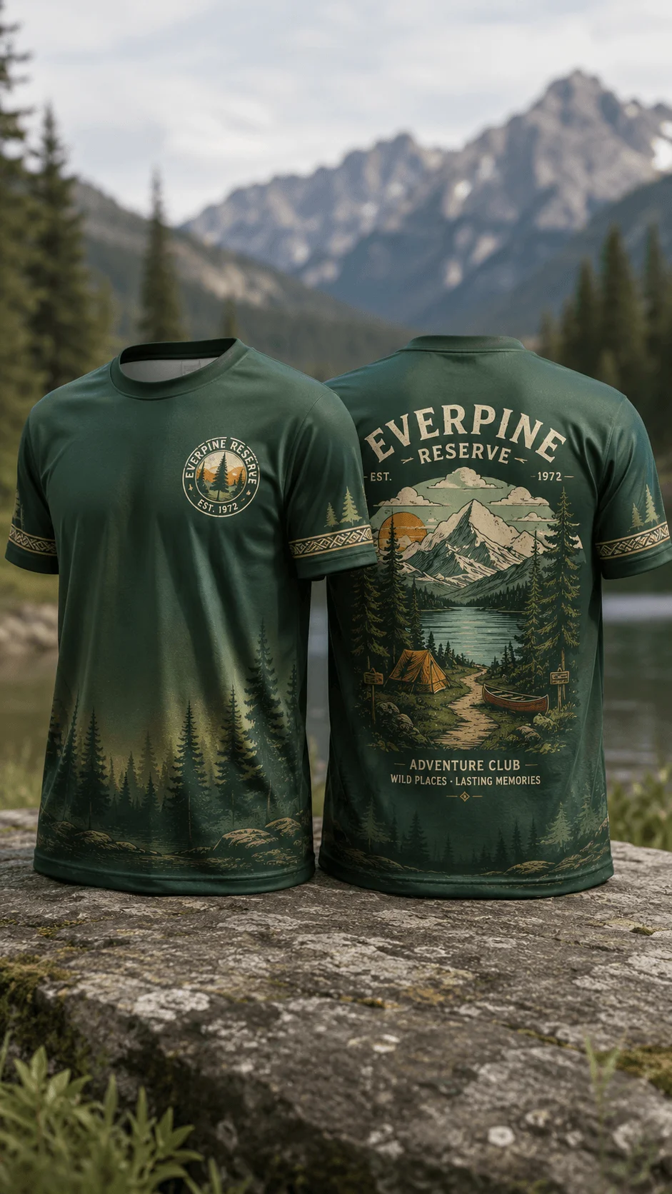 Retro green front and back travel T shirt design featuring forest mountains lake camping scenery and vintage outdoor adventure graphics