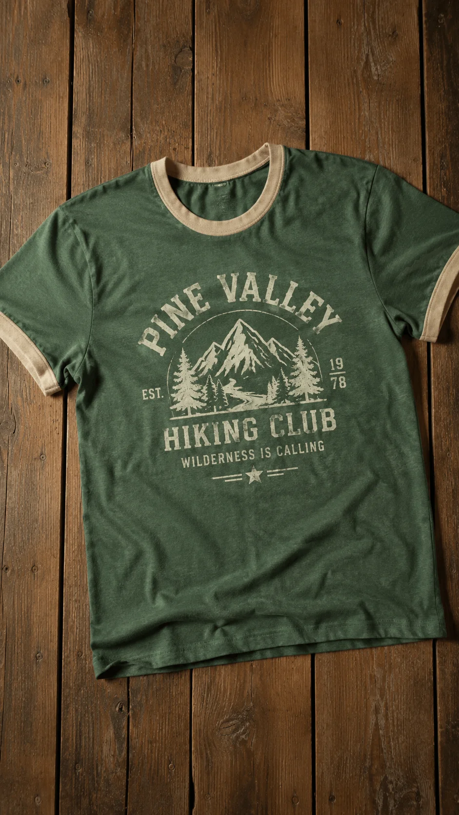 Retro green ringer tshirt design featuring vintage Pine Valley Hiking Club mountain landscape graphic with cream collar and sleeve trim on forest green fabric rustic outdoor apparel mockup