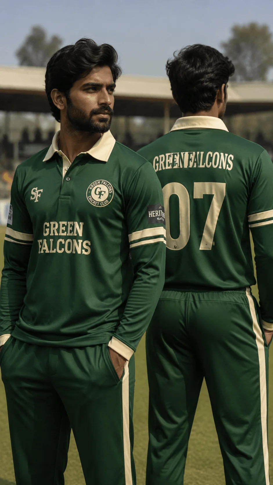 Retro green and cream full sleeve cricket jersey shown from front and back on players at a cricket ground