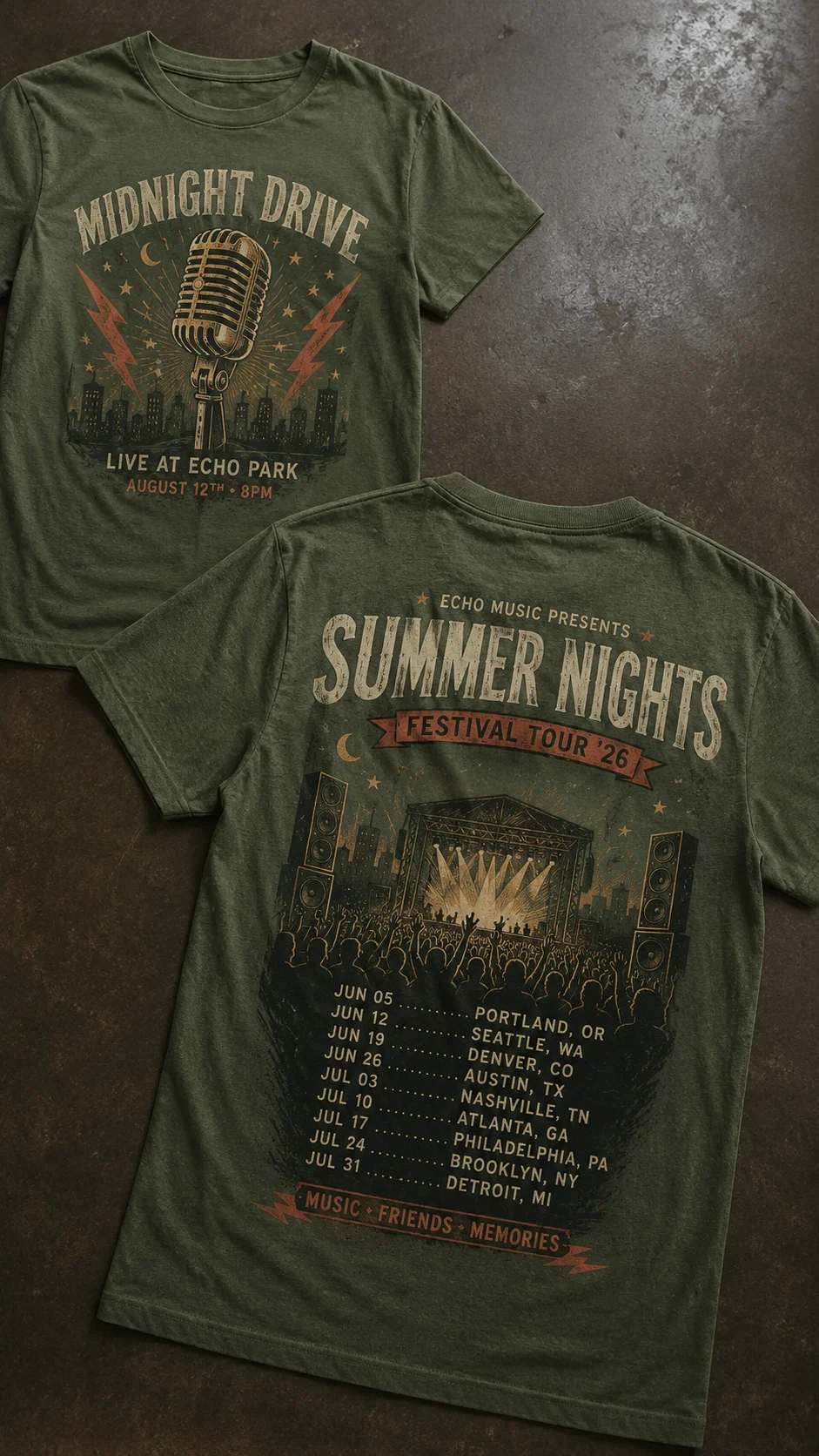 Retro music and festival green T shirts featuring vintage microphone concert stage and tour graphics