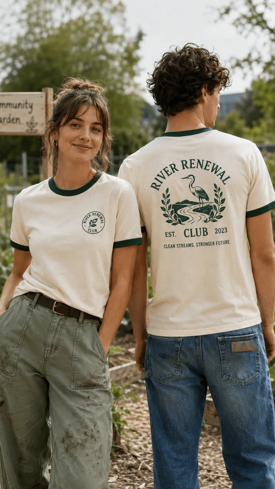 Retro ringer environmental club T shirt with vintage nature inspired graphics for a sustainable community gardening club