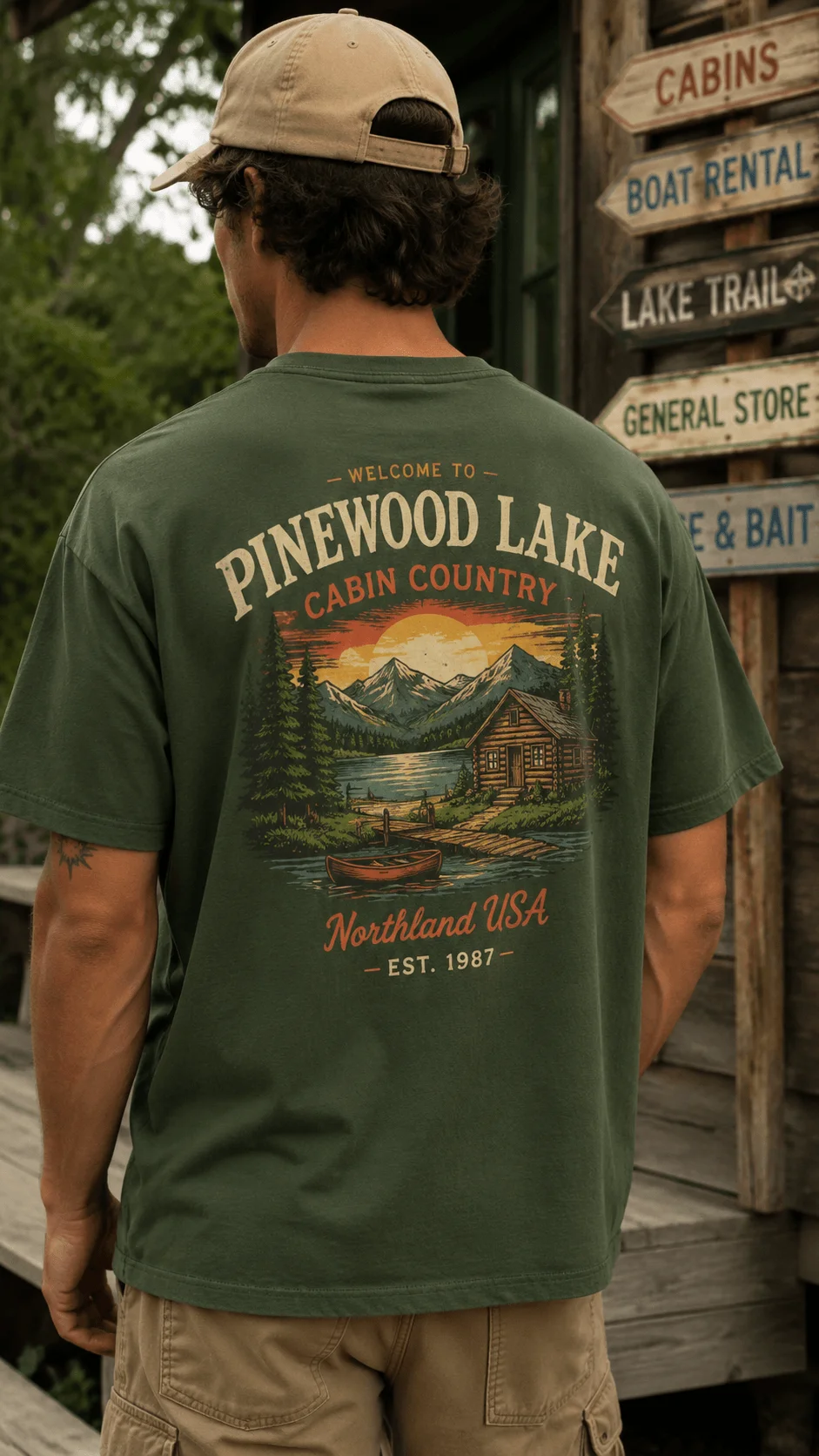 Man wearing a retro tourist destination green graphic T shirt featuring a lakeside cabin mountain and sunset design