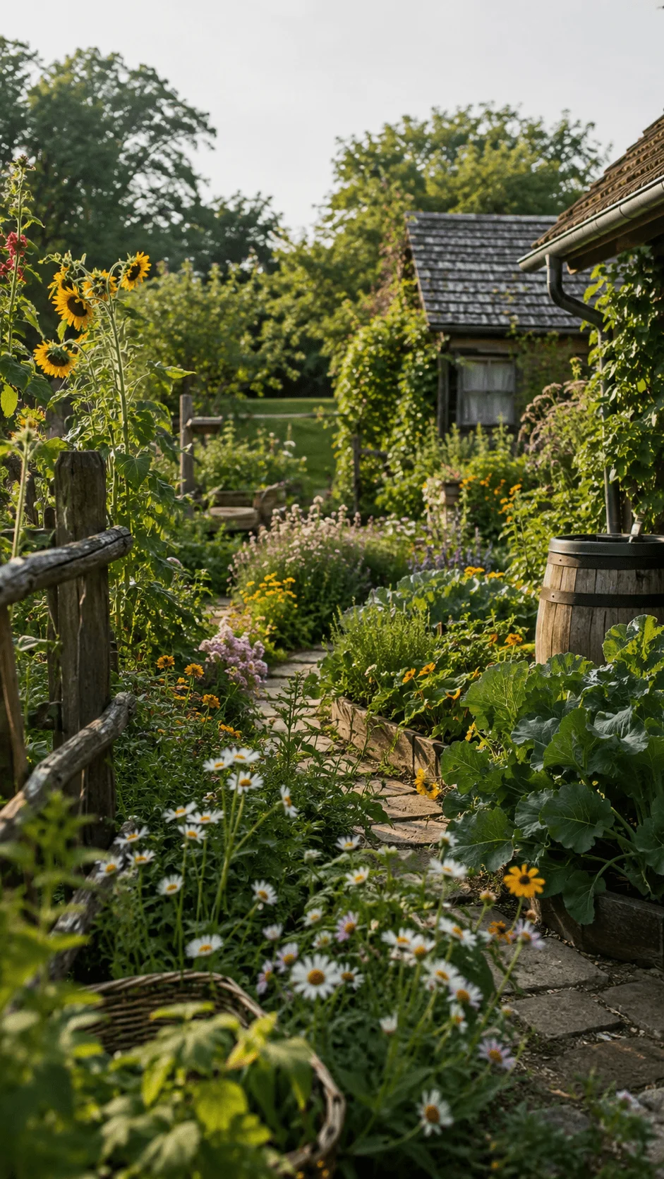 Sustainable cottagecore garden with wildflowers, vegetable plants, natural pathways, wooden elements, and a peaceful eco friendly outdoor landscape