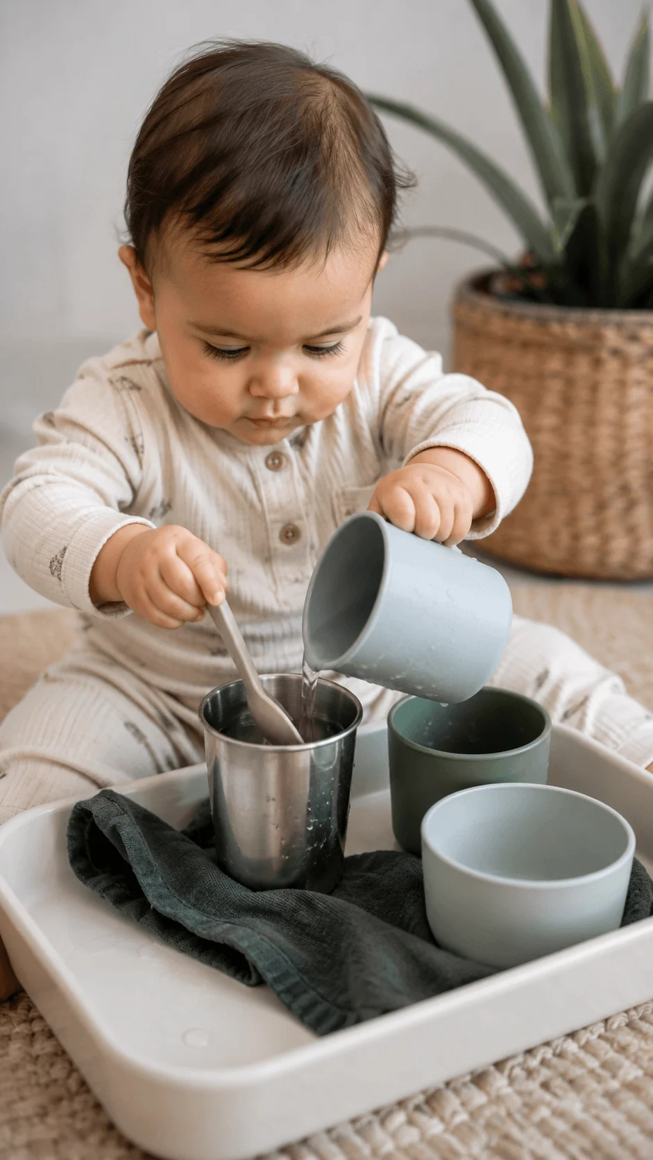 Baby pouring water between reusable cups during sensory play