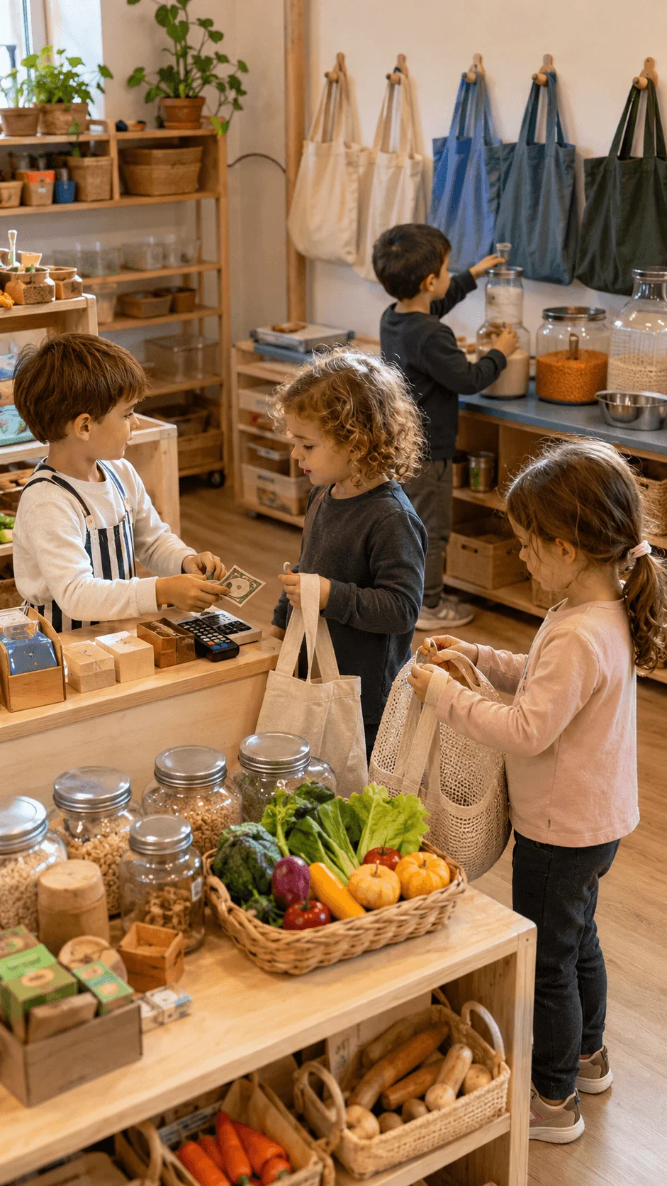 Preschool children shopping with reusable bags refillable jars pretend money and package free food in a classroom shop