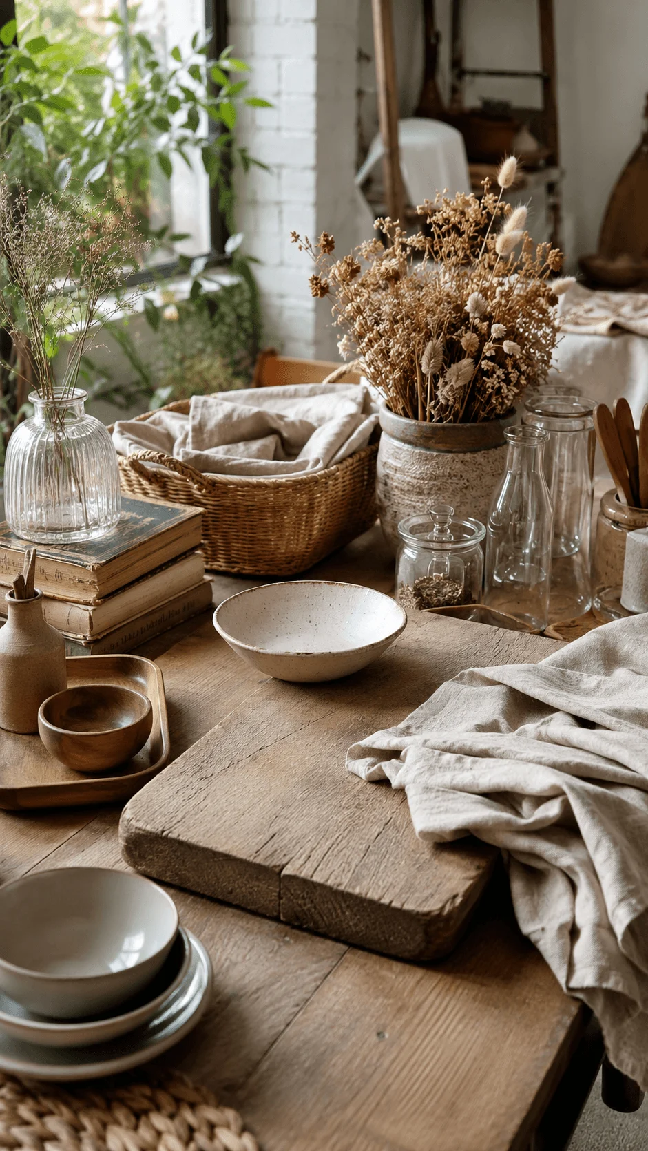 Reusable photography props with natural materials ceramic bowls glass jars dried plants and wooden textures for eco friendly styling