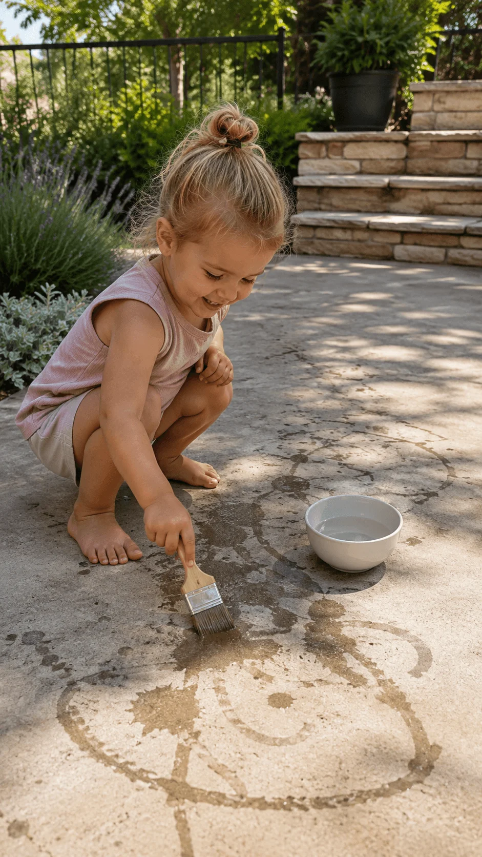 Toddler painting pictures with water and a reusable brush on an outdoor patio