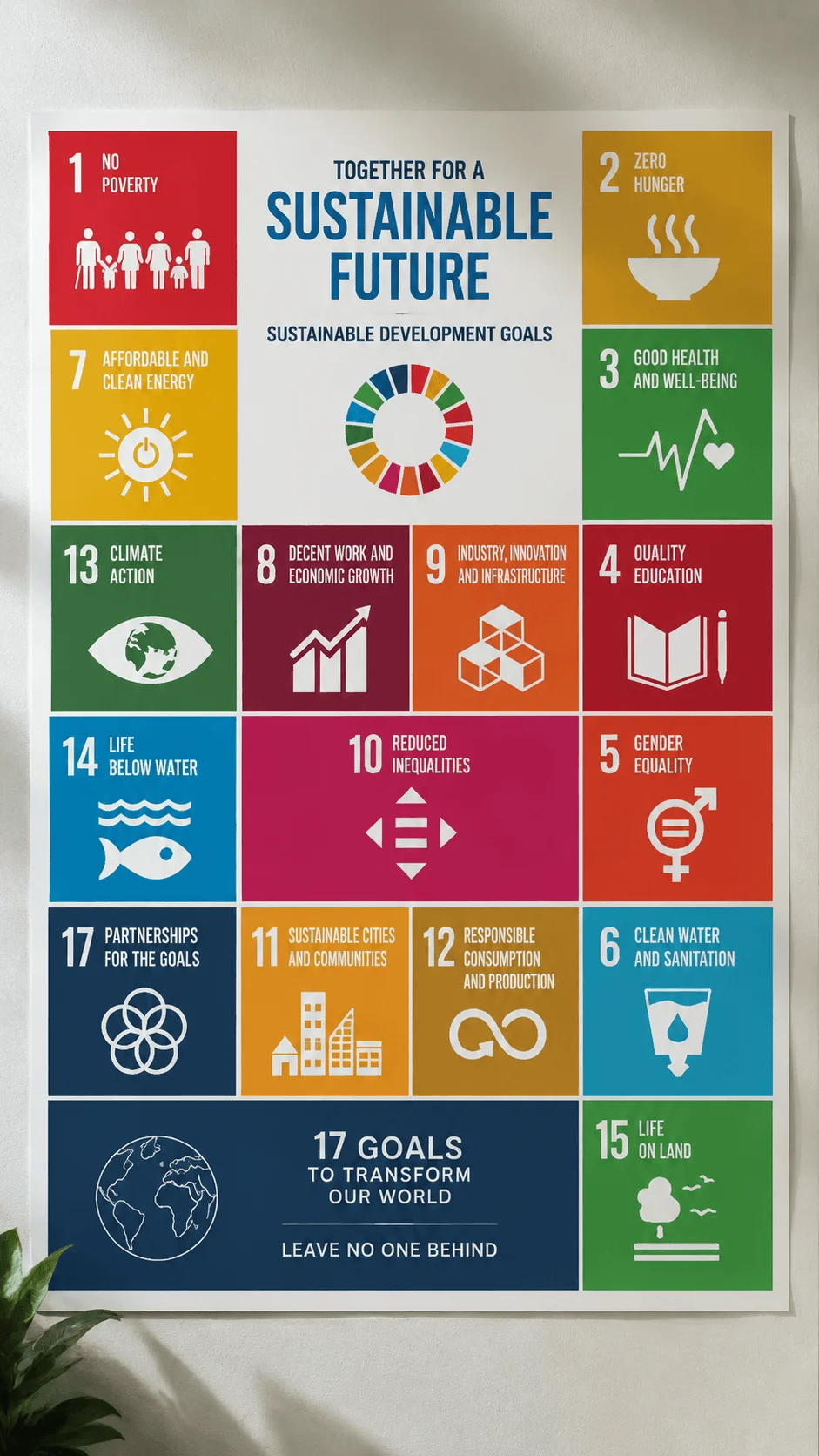 SDG colour code sustainability poster showing the 17 sustainable development goals with colorful sections icons and themes including climate action clean energy education health equality and responsible consumption