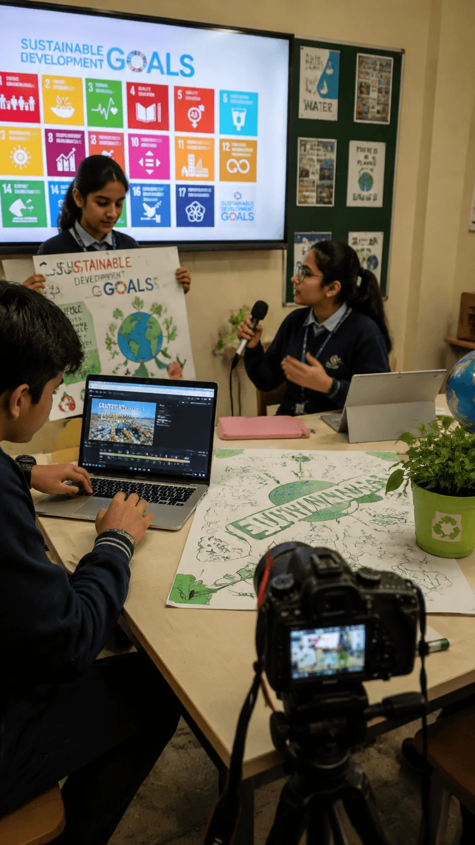Students creating an SDG digital storytelling and awareness campaign with sustainability posters, video editing, presentations, and environmental communication activities in a classroom