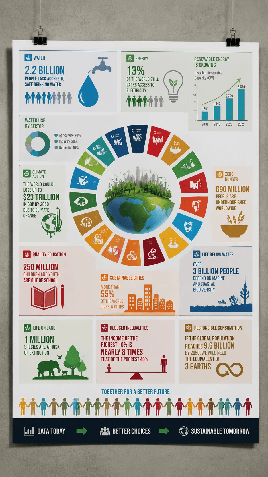 SDG infographic poster showing sustainable development goals data visualization with charts, icons, global statistics, environmental challenges, and a circular sustainability goals design