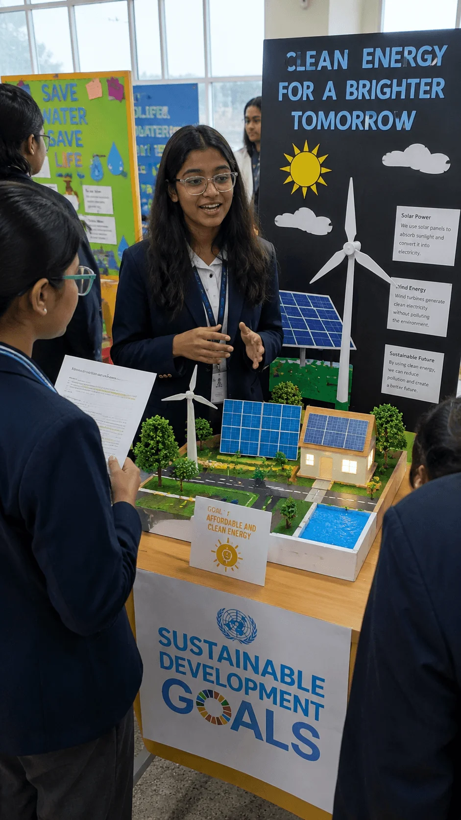 Students present a Sustainable Development Goals project at a school innovation fair, showcasing a model with solar panels, wind turbines, and clean energy solutions while discussing renewable energy and sustainability.