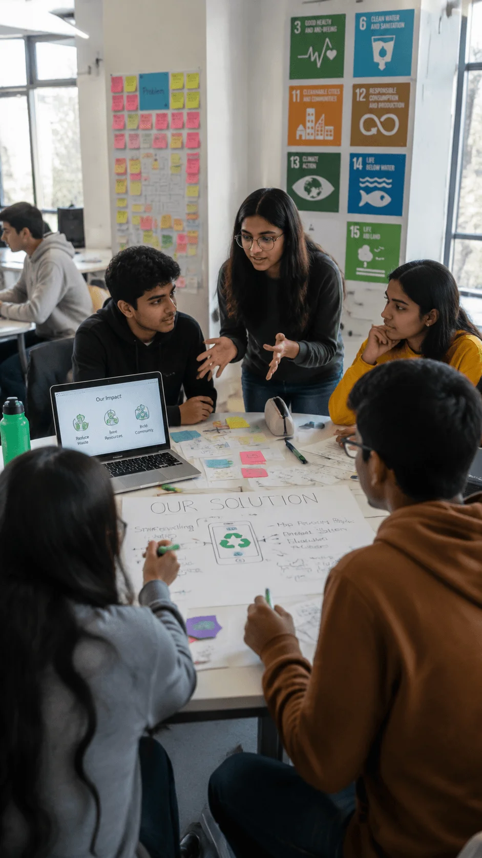 Students collaborating on an SDG innovation hackathon project with sustainability ideas research notes and teamwork to develop environmental solutions