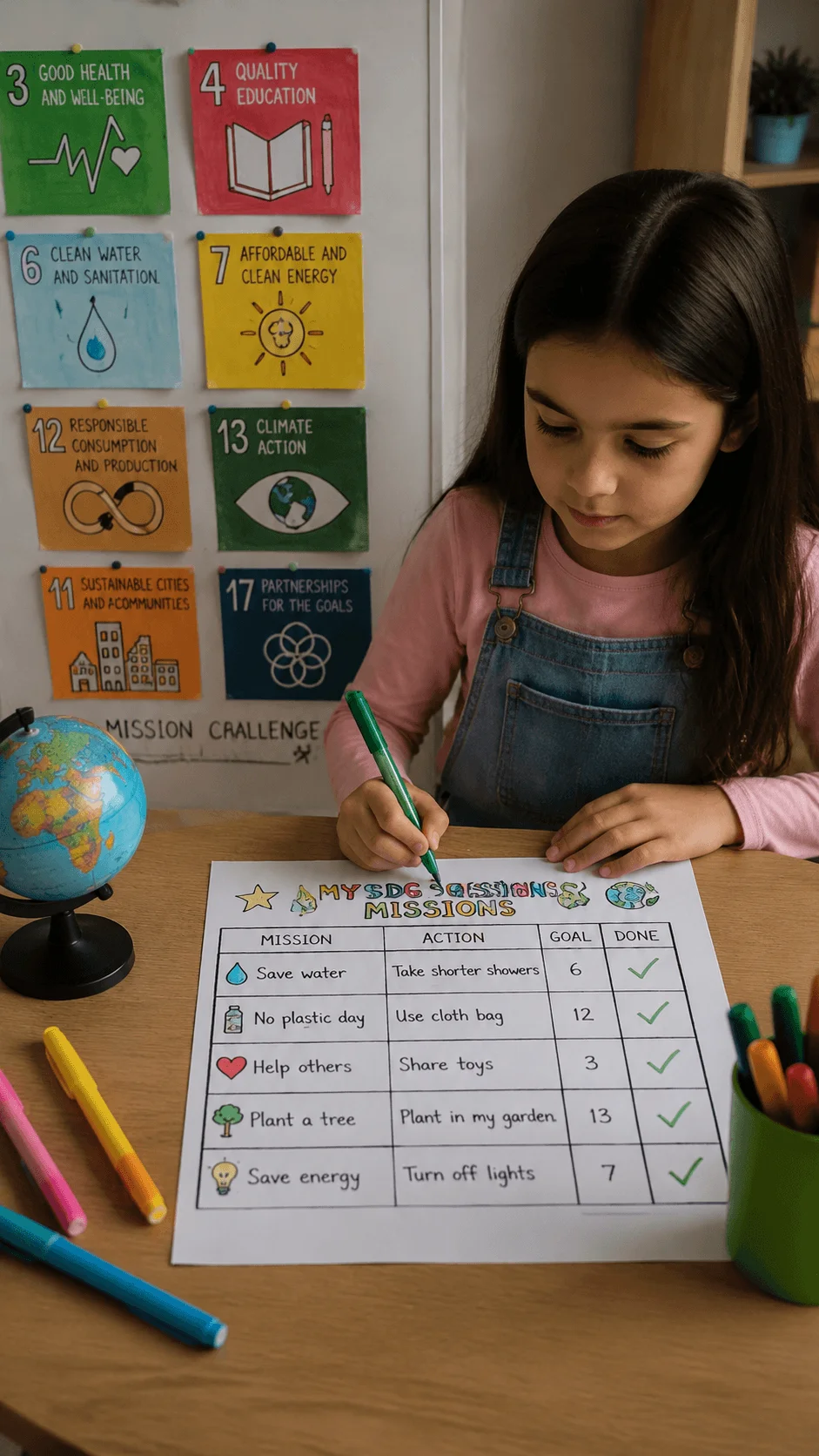 Girl completing an SDG mission challenge worksheet with sustainability goals posters and environmental activities at a desk