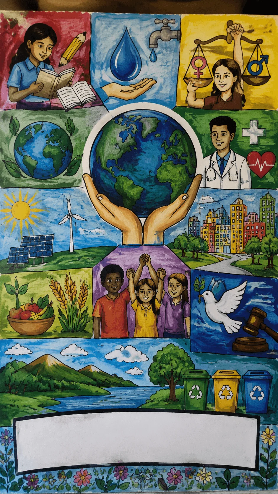 SDG mural art cover page showing sustainable development goals with education, clean water, gender equality, health, renewable energy, sustainable cities, climate action, peace, recycling, biodiversity, and global unity illustrated in a colorful environmental collage