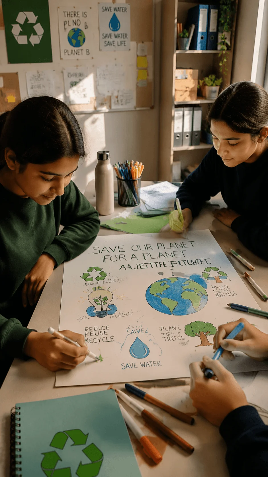 Students creating an SDG social media awareness campaign poster with environmental messages about recycling water conservation and protecting the planet