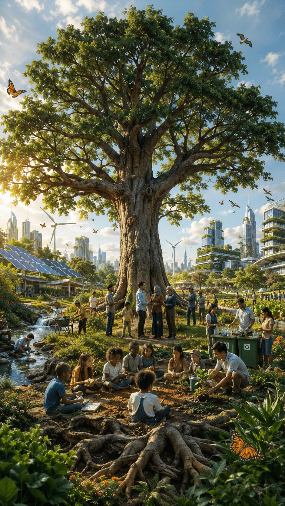 Sustainable development goals tree poster showing a large tree in a green city with people planting, learning, recycling, renewable energy, and protecting nature for a sustainable future