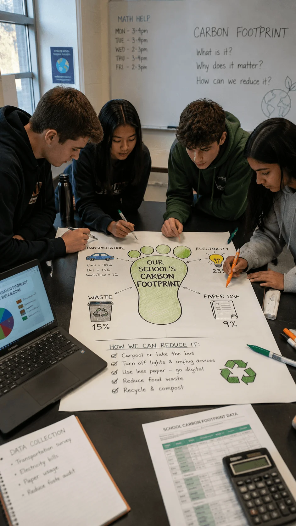 High school students creating a school carbon footprint poster using transportation, electricity, paper use, and waste data with a laptop, calculator, and sustainability reduction ideas