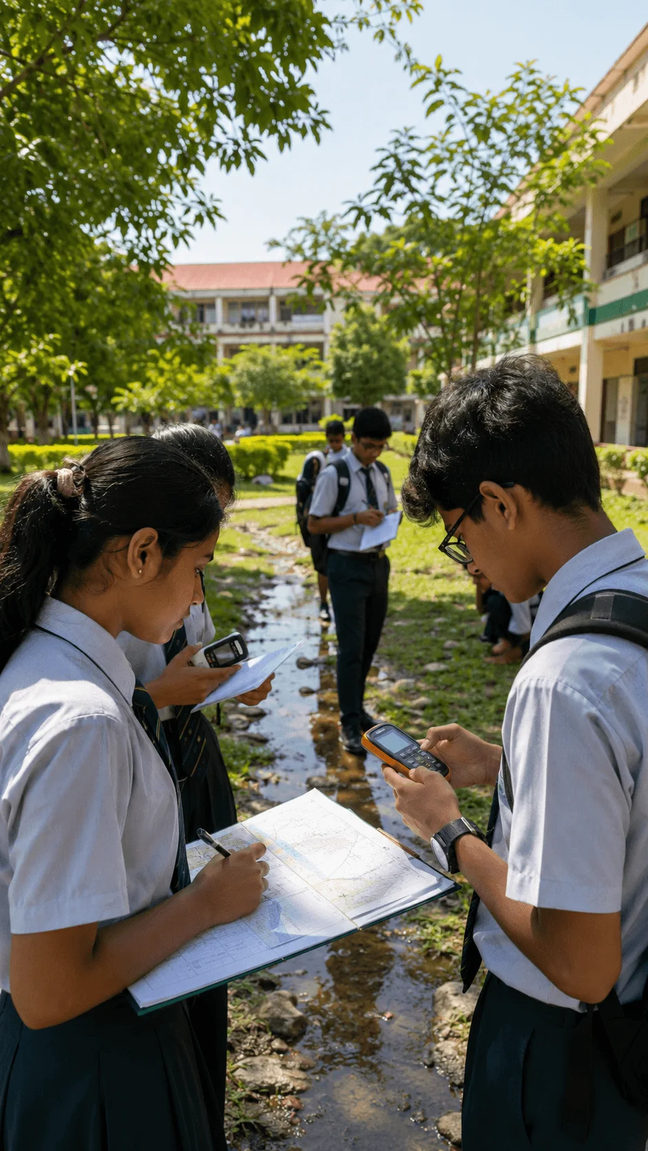 Students mapping drainage and flooding risks during a school climate adaptation walk