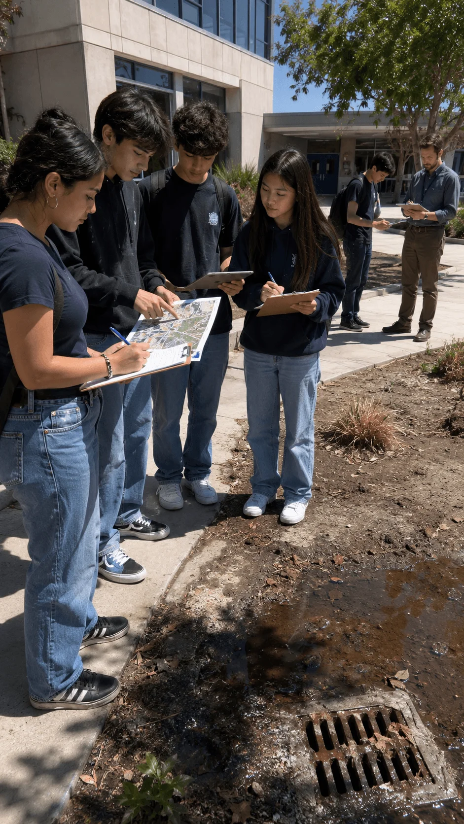 High school students mapping climate risks and recording drainage problems around their school campus