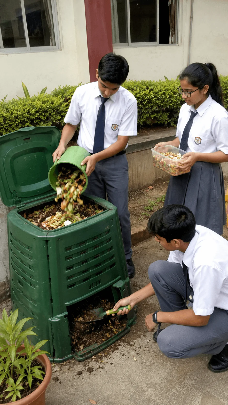 High school students adding food scraps to a school composting bin and managing organic waste to create nutrient rich compost for gardening