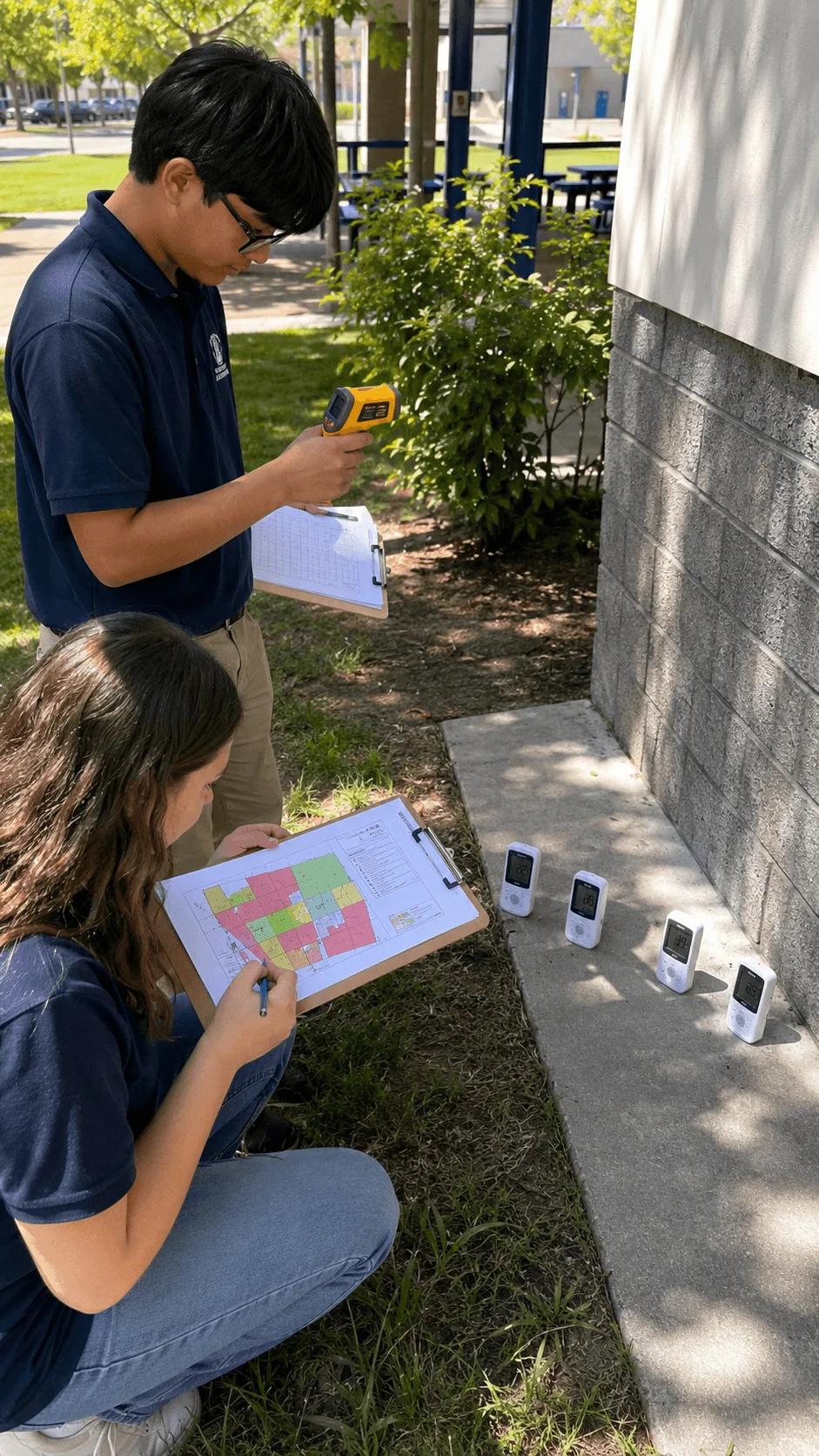 High school students measuring campus heat with temperature sensors and mapping urban heat island data outdoors