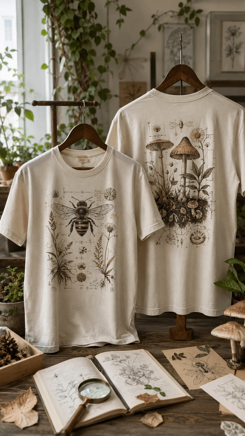 Scientific nature inspired T shirts featuring detailed bee mushroom flower and botanical study illustrations displayed in a plant filled studio