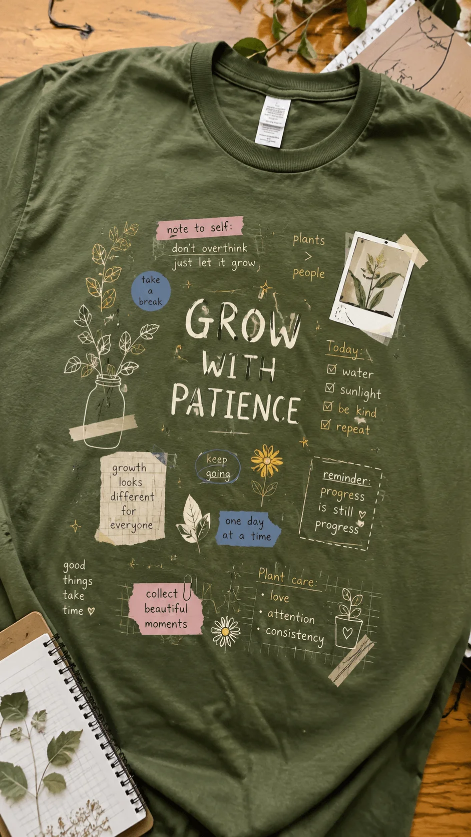Scrapbook style green tshirt design featuring handwritten notes doodles stickers botanical sketches inspirational quotes paper collage elements and journal inspired typography on a forest green shirt mockup