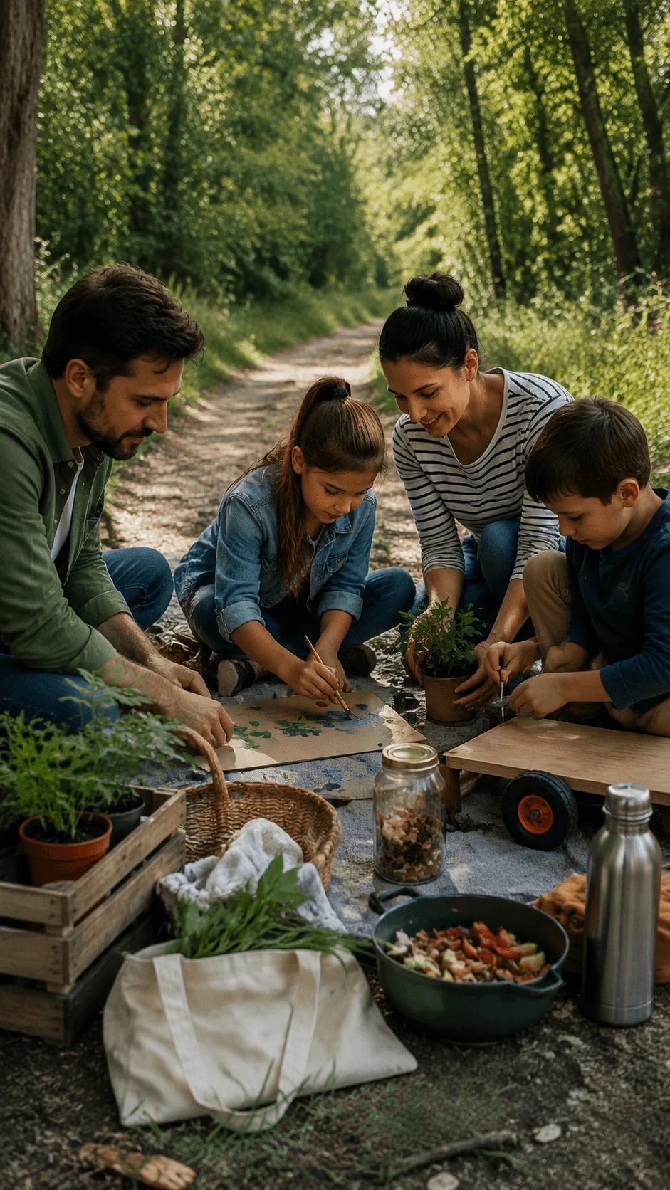 Family enjoying screen free environmental activities outdoors with children planting plants creating crafts and exploring nature together
