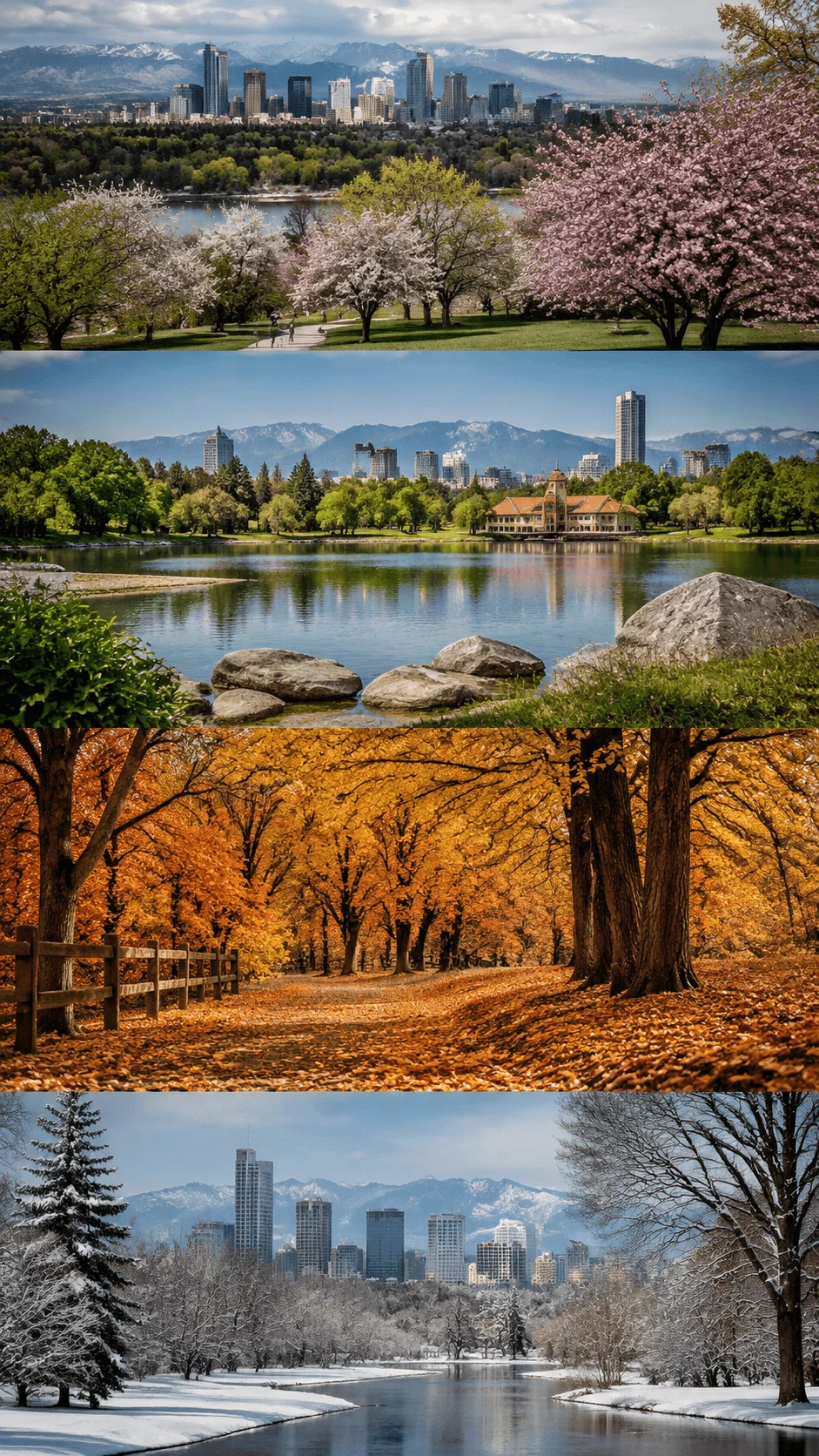 Seasonal Colorado landscapes showing changing seasons with spring blossoms, summer greenery, autumn foliage, and winter snow featuring mountains, parks, lakes, and the Denver skyline