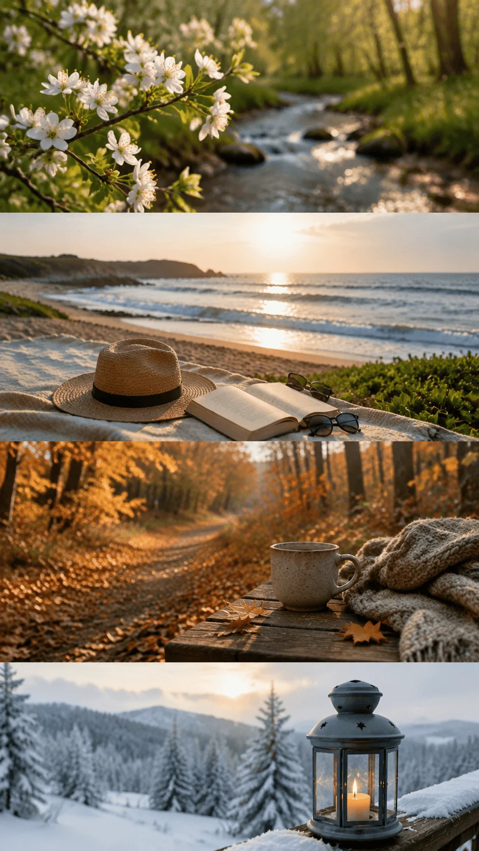 Seasonal photography ideas inspired by nature featuring spring flowers summer beach autumn forest and winter landscape scenes