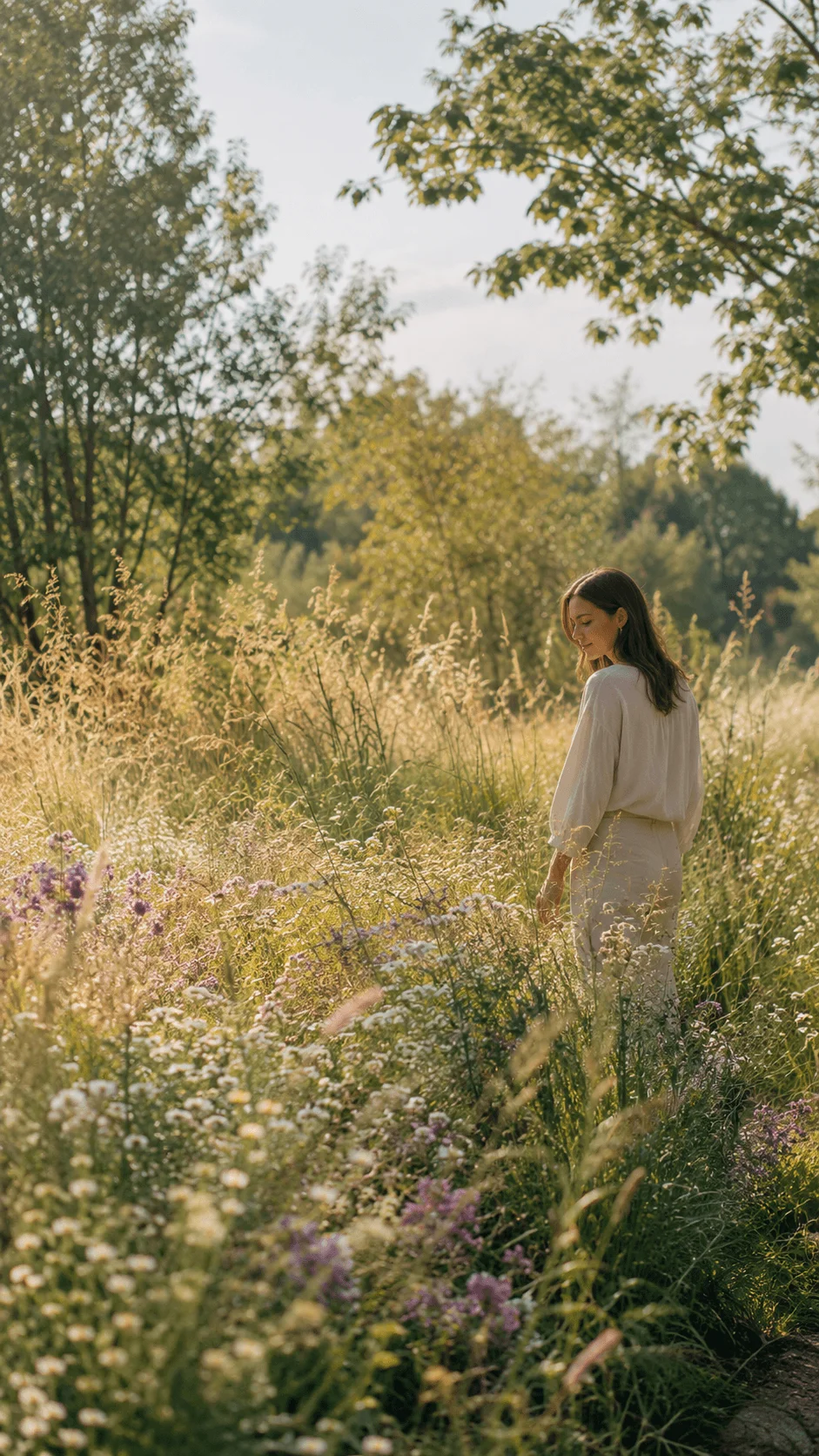 See through planting aesthetic landscape with a person walking through wildflowers and tall grasses surrounded by soft natural greenery, warm sunlight, and peaceful meadow scenery