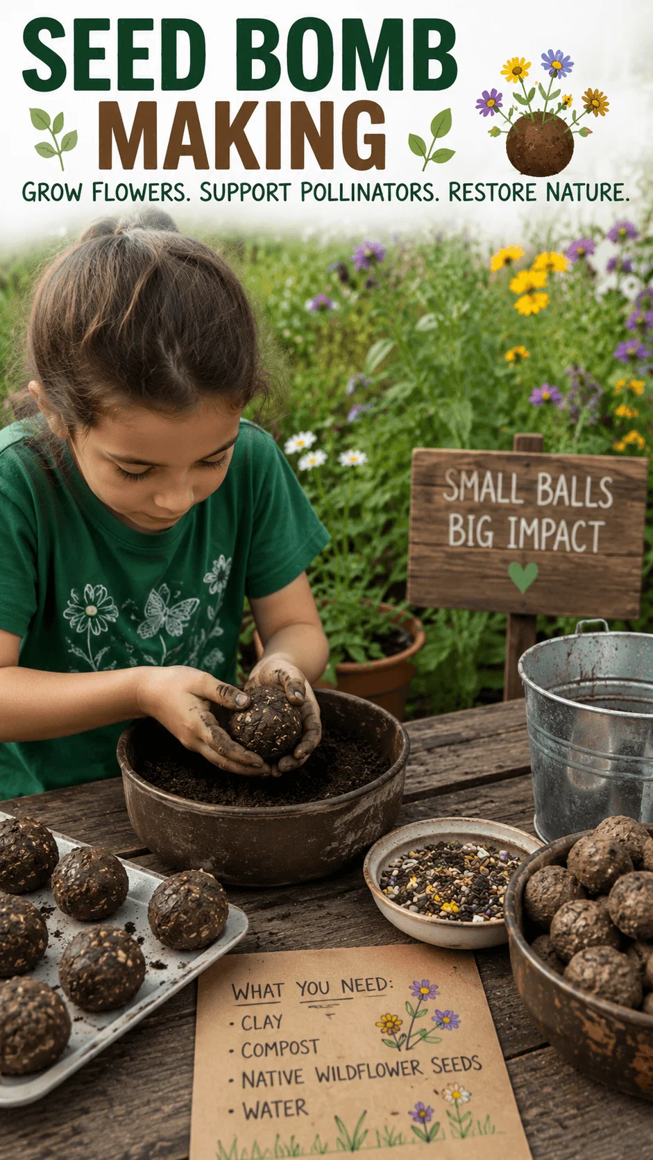 Child making seed bombs with clay compost and native wildflower seeds to support pollinators and restore nature