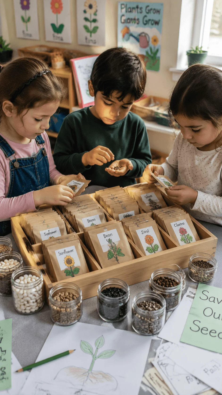 Children exploring a seed library exchange with labelled seed packets and learning about plants growth and biodiversity in kindergarten