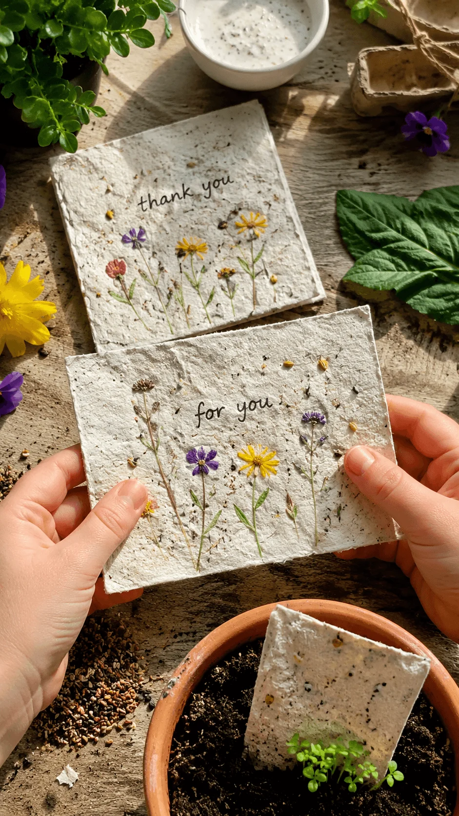 Seed paper greeting cards with pressed flowers and handwritten messages being held above a table with gardening supplies soil seeds and a potted plant showing eco friendly cards that continue growing after planting.
