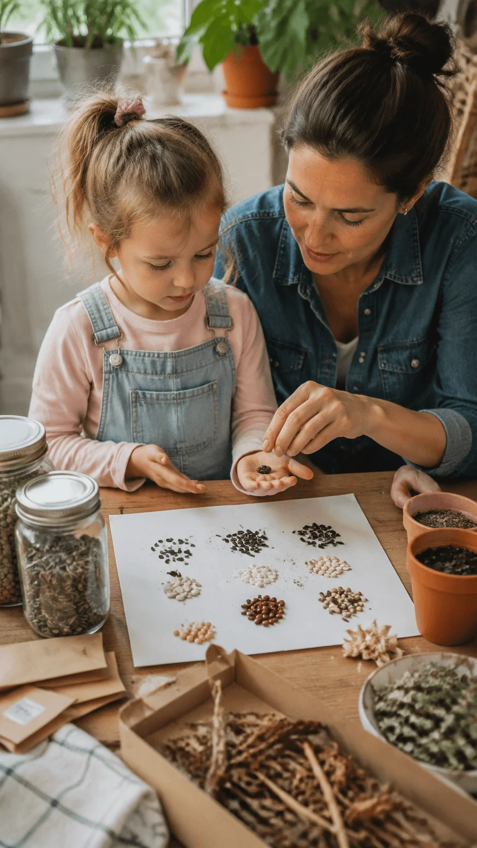 Child and adult exploring seed saving by sorting and observing different seeds for a sustainable gardening activity at home