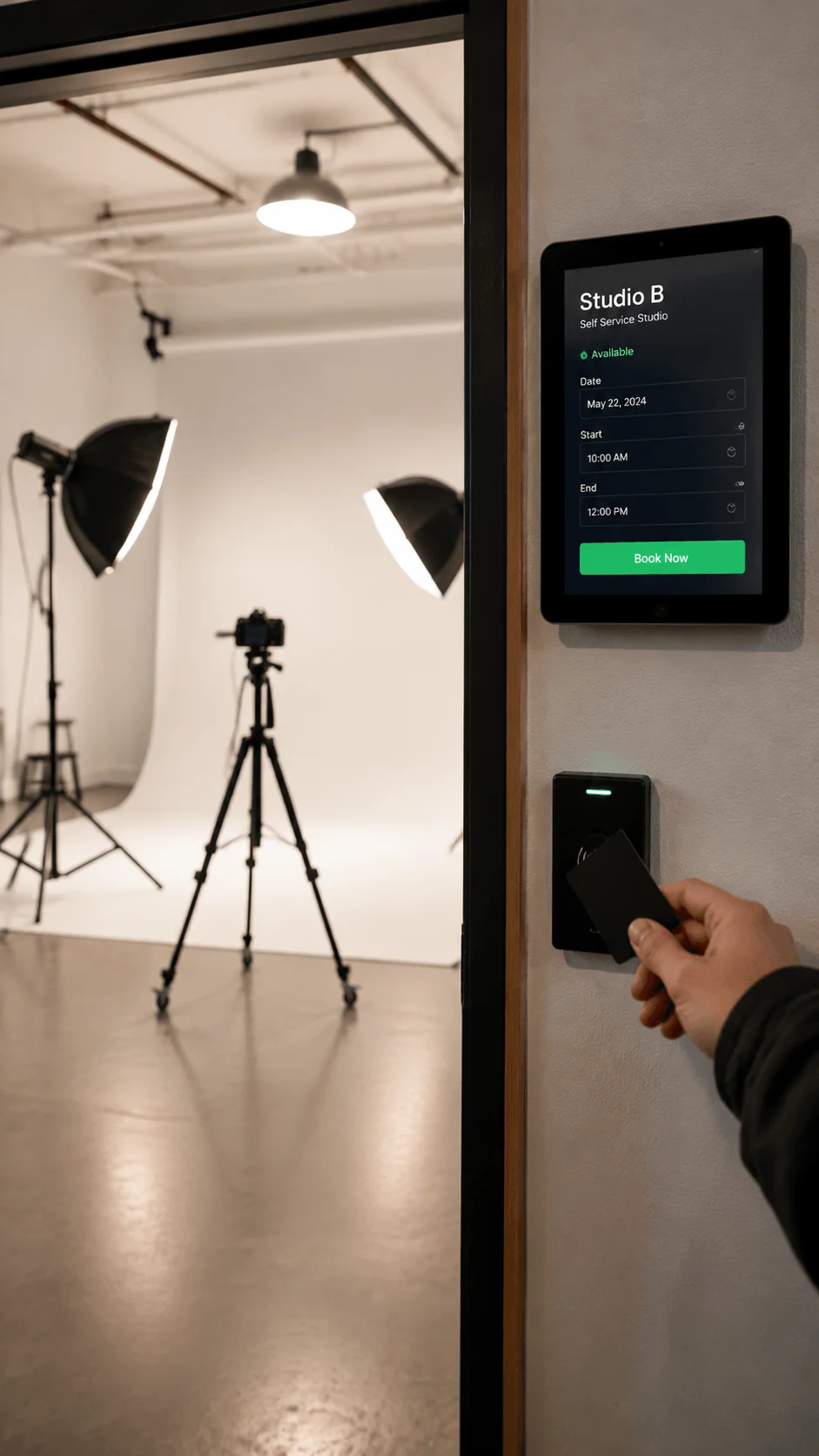 Self service creative studio showing an automated booking system with digital access control smart entry and professional photography equipment inside a modern studio space