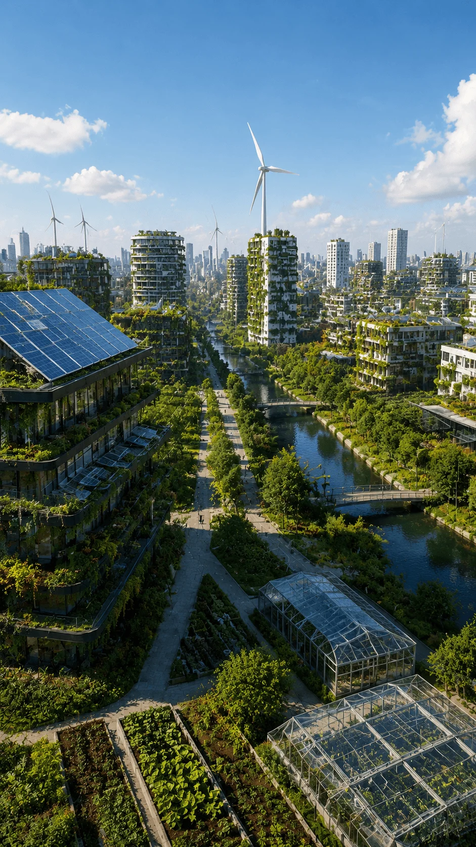 Self sufficient sustainable city with solar powered buildings urban greenhouses wind turbines rooftop gardens waterways and renewable energy systems creating an independent eco friendly future community