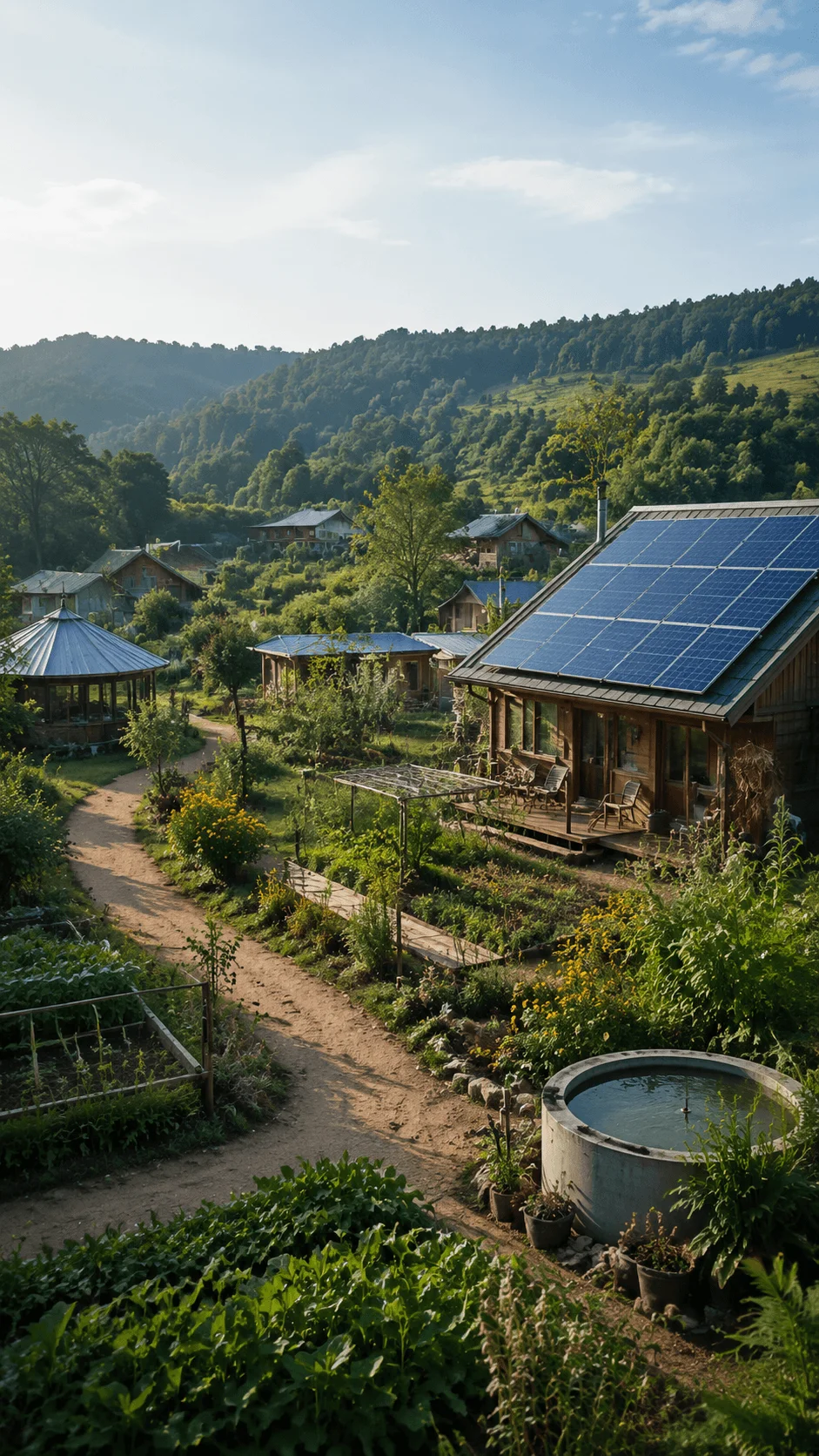 Self sustaining eco village with renewable energy homes solar panels gardens forests and natural landscapes for sustainable living