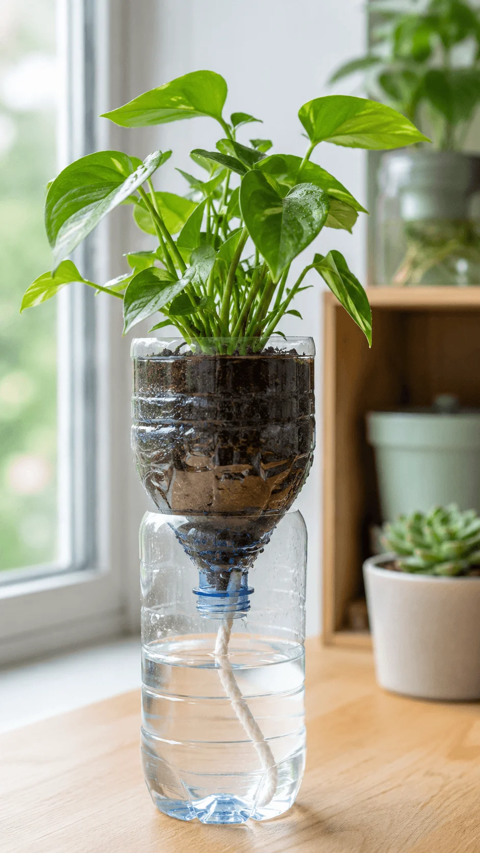 Self watering plant system made from recycled plastic bottles using a wick irrigation method to conserve water and support healthy indoor plant growth for sustainable gardening projects