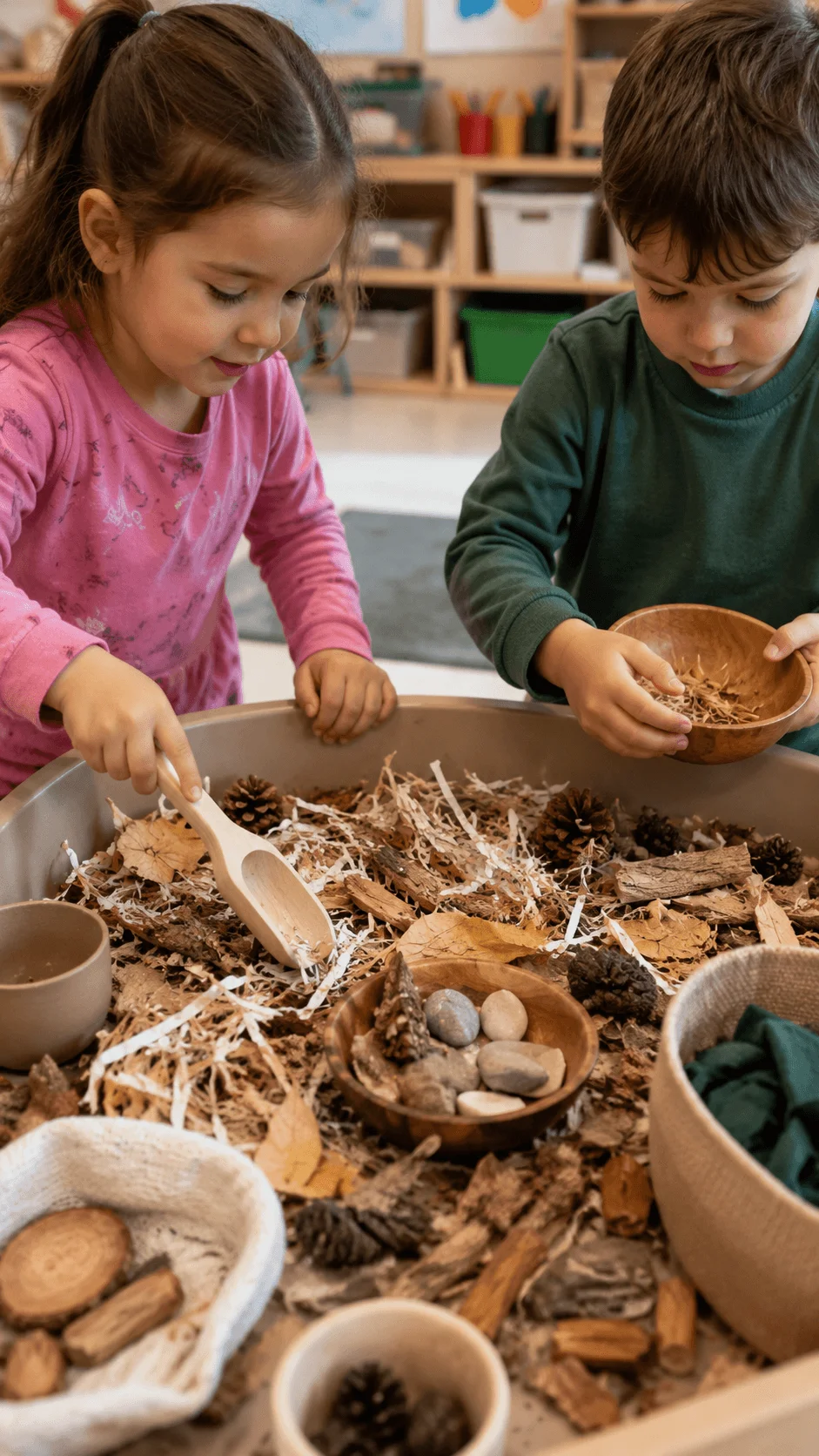Children exploring sensory sustainability activities with natural materials like leaves pinecones stones and wood pieces during preschool learning play