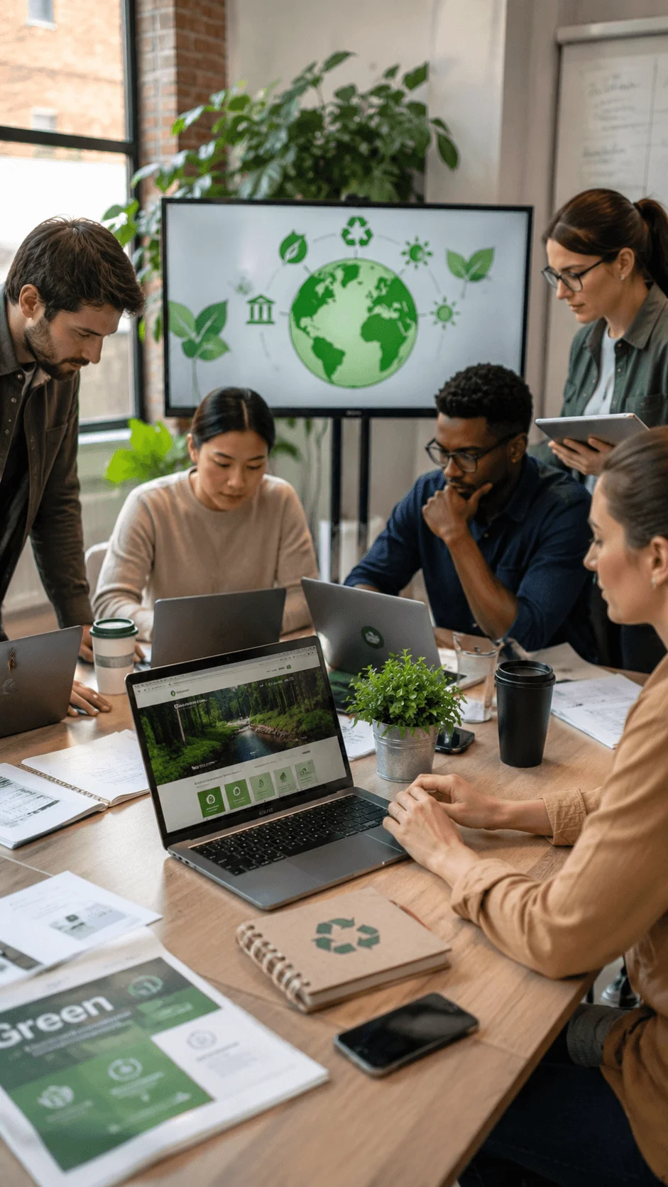 Employees using professional skills to support environmental volunteering projects through digital planning collaboration sustainability research and eco friendly workplace initiatives